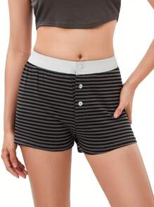 Women Lounge Shorts Low Waist Button Closure Printed Slim Pajama Shorts Sleepwear - 深灰色 - 查看 2
