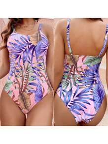 Women Leaf Print Sleeveless Romper Swimwear Summer Monokini Bathing Suit