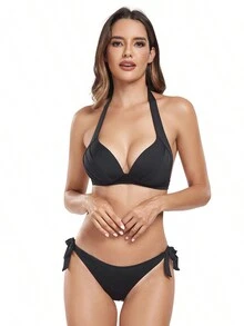 Ensemble bikini femme avec Top court et bas de couleur unie avec nœud, design taille nouée, convient pour les vacances d'été à l'île - Noir - Voir 3