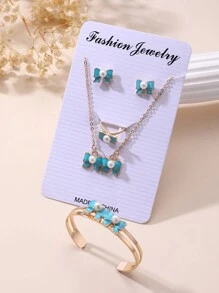 5pcs/Set Elegant Bowknot & Faux Pearl Drop Pendant Jewelry Set, Gift For Girls