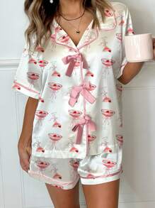 Women Cute Two Piece Pajama Set Y2K Goblet/Western Cowboy Boots/Bow Printed Short Sleeve Bow Tie Front Button Shirts Wide Leg Shorts Pjs Set Preppy Matching Lounge Sets Aesthetic Summer Casual Loungewear Martini Sleepwear Outfit - Hồng - Xem 2