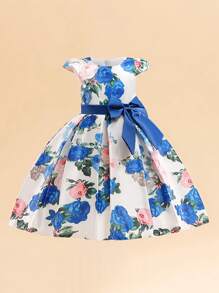 Young Girls Round Neck Floral Print Bow Decor Casual Dress, Headband Not Included - Royal Blue - View 2