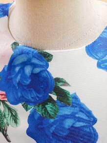 Young Girls Round Neck Floral Print Bow Decor Casual Dress, Headband Not Included - Royal Blue - View 5