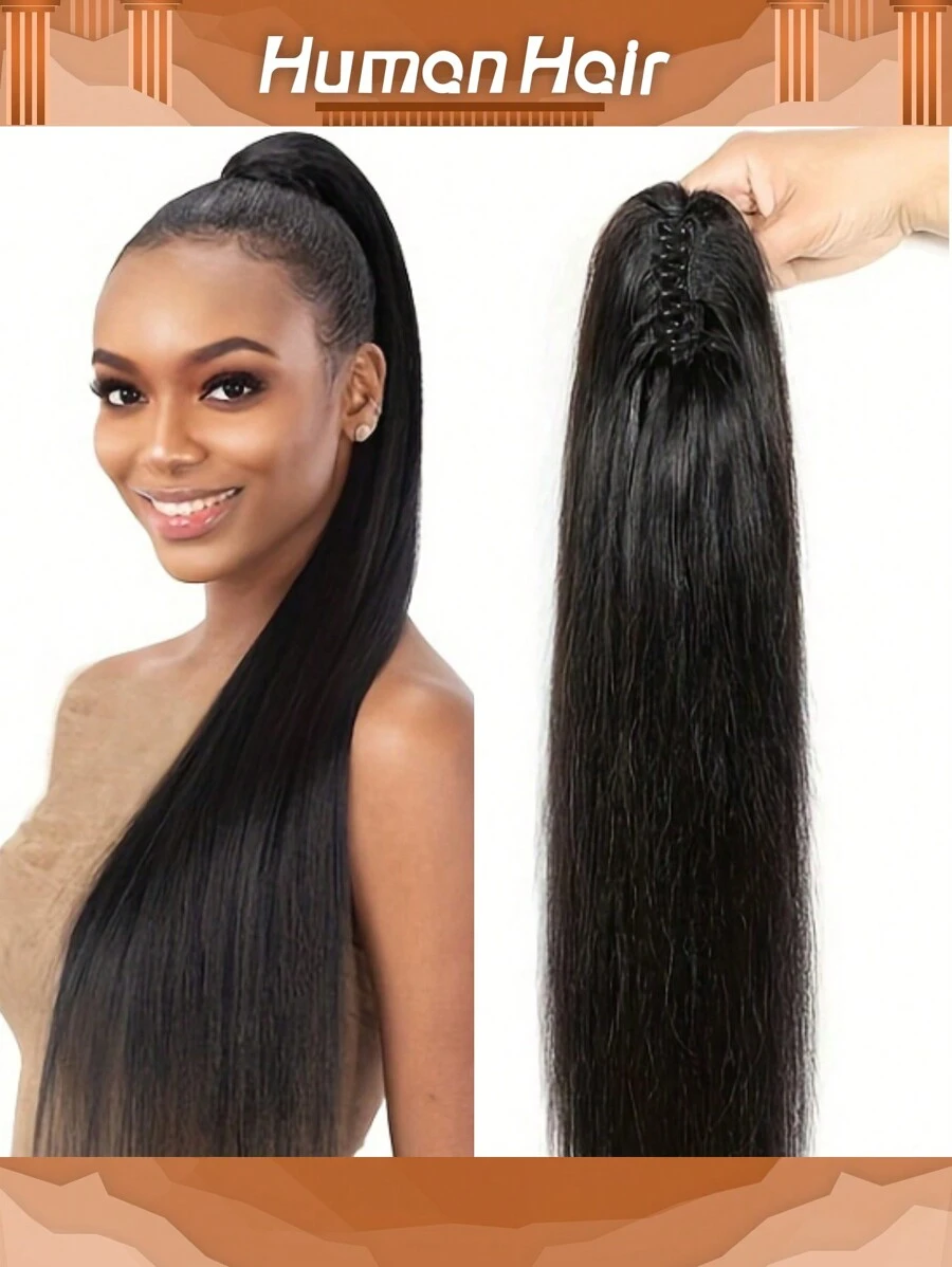 molletta per coda di cavallo con estensioni di capelli umani, estensioni per coda di cavallo finte, estensioni per capelli dritti lunghi in Remy reali per donne, accessori per capelli con molletta - Natural Black - Visualizzare 1