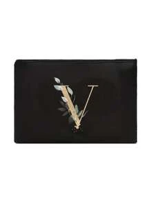 A Black Makeup Bag With The Initials A~Z Printed On It, Featuring A Green Leaf Pattern Print,Cosmetic Bag,Portable Wash Bag,Teacher's Day Gift, Reusable Makeup Bag, Women's Simple And Large Capacity Travel Makeup Bag