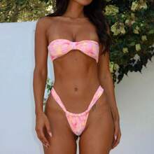 Women Two Piece Bikini Set Flower Print Tube Top With Low Waist Briefs Bathing Suit Swimsuit - 粉色 - 查看 3