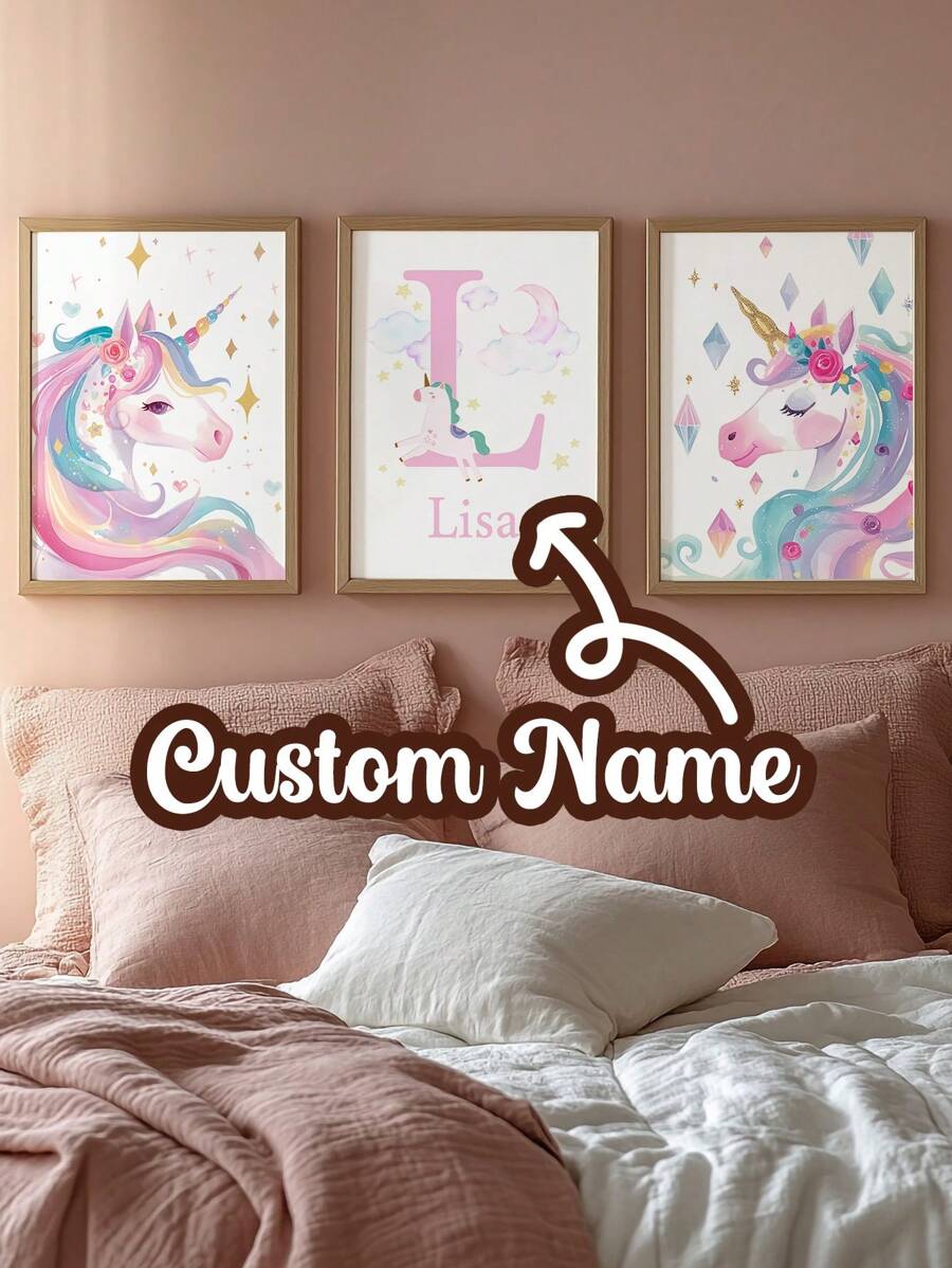 3pcs Custom Frameless Children's Posters Custom Daisy Wall Art Prints , Personalized Name Sign Girl Room Decor, Gallery Wall Art, Two Unicorns, Monsters, Elves,Neutral Boho Nursery DecorKids Bedroom Home Decoration, Pink Wall Decor, Personalized Christmas Gifts, Family Gifts, Birthday Gifts, Friends Gifts, Bedroom Home Decoration, Christmas, Simple And Stylish Home Decoration Art, Beautiful Art Poster, New Year Gifts, Birthday Gifts Back To School - Multicolor - View 1