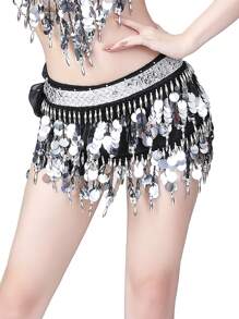 Belly Dance Sequin Hip Scarf Chiffon Short Skirt Belt Waist Chain Wrap Rave Gold Shine Sparkly Costume For Women Carnival Stage - Multicolor - View 2