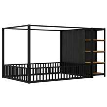 MISSUNNY Full Size Floor Bed Frame With Wardrobe, Metal Floor Bed With Storage Shelves, Black
