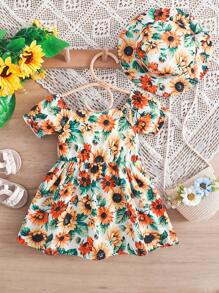 女婴新品夏季花卉印花荷叶边泡泡袖纽扣连衣裙和帽子套装，可爱又舒适