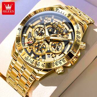 OLEVS. Relojes de hombre OLEVS de oro, relojes de cuarzo originales para hombres, resistente al agua, luminoso, cronógrafo, fecha, 24 horas, relojes de lujo con correa de acero inoxidable para hombres