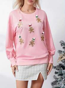 Women's Cute Santa Christmas Sweatshirts Funny Graphic Lightweight Sequin Long Sleeve Pullover Hoodies - Baby Pink - View 5