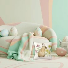 Fundas de almohada de Pascua con diseño vintage de conejito de acuarela y flores, fundas de cojín para el hogar - Blanco - Ver 8