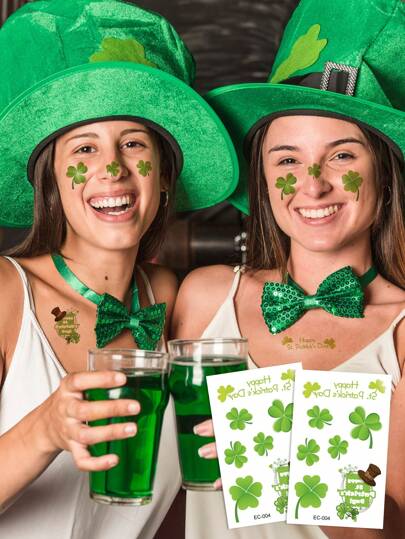 2张圣帕特里克节三叶草临时纹身贴纸 - 防水持久，适用于脸部、手臂和手部，适合爱尔兰主题派对礼品