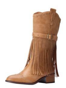 Pasuot Trendy Women's Thick Heel Boots: Tassel And Metal Bead Accents With Side Zipper – Comfort Meets Style