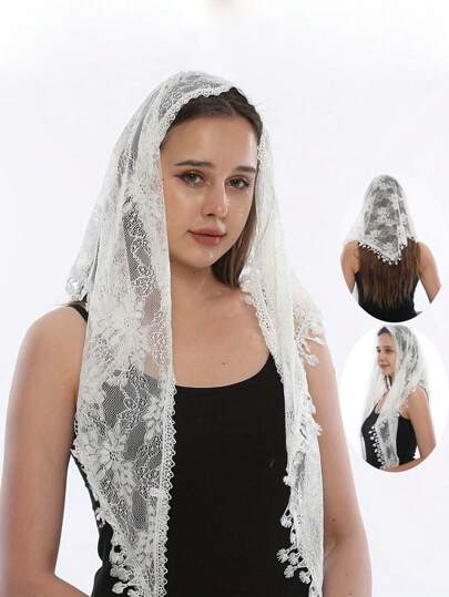 1pc Solid Color Lace Hollow Embroidery Women Triangle Head Scarf, New Design Elegant & Romantic Lightweight Shawl, Suitable For Bride Wedding, Festival Outfit And More