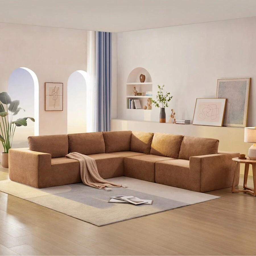 147"Modular Sectional Sofa With Wide Seat,No Assembly Required,Free Combination,L Shaped Couch Set,Cloud Upholstered Indoor Furniture,Minimalist Boneless Sofa For Living Room,Bedroom - 棕色+布藝+5座 - 查看 1