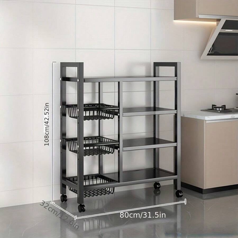 4-Layer Rolling Metal Storage Cart With Wheels – Multi-Purpose Organizer For Kitchen, Home, Office, And Dormitory – Black Paint Surface, Ideal For Storing Fruits, Vegetables, Tableware, Etc., Food Storage Room Organizer And Storage Rack