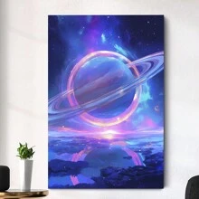 Framed-Futuristic Saturn Canvas Painting - Vibrant Wall Decor For Dining Spaces And Studies,Perfect Gift For Boys Or Girls