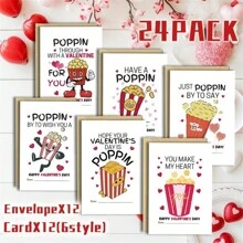 Paquete de 24 tarjetas de felicitación del Día de San Valentín con tema de palomitas de maíz, con sobres, tarjetas de papel de colores mixtos, tarjetas en blanco para ocasiones múltiples para amigos, familiares, compañeros de clase