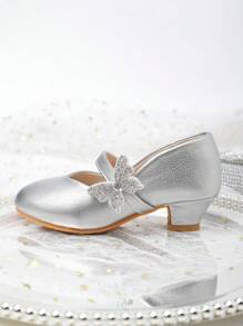 Edición limitada de Año Nuevo 2025 Tacones de princesa estilo infantil con lentejuelas doradas para pasarelas, tacones altos de estudiante para viajes diarios y uso con vestidos de fiesta, apropiados para otoño e invierno, tacones altos infantiles con decoración de moño con lentejuelas doradas, tacones altos para adolescentes