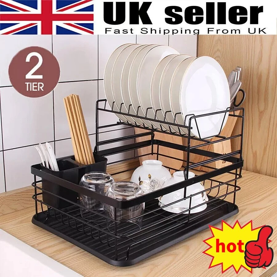 NetHong Large Kitchen Sink Dish Drainer Rack With Drip Tray And Plate Cutlery Holder UK