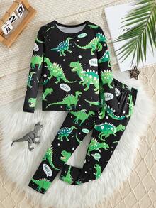 幼儿男孩卡通恐龙夜光长袖上衣和裤子家居服套装，在紫外线下发光，夏季