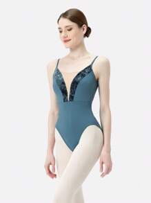 DonsGirl 1pc Women's Ballet Leotard - Velvet Patchwork V-Neck High Slit Design, Professional Gymnastics And Figure Skating Performance Wear - Blue - View 6
