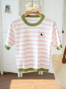 夏季绿色可爱休闲条纹撞色圆领 T 恤女士，学院风设计针织上衣，动物猫刺绣