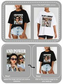 Impression personnalisable de photos et de texte, autoportrait/amant/famille/ami/photos d'animaux de compagnie personnalisées et messages de bénédiction, conception pour la Saint-Valentin/anniversaire/Nouvel An/fête d'anniversaire, t-shirts noirs, t-shirt ample à manches courtes pour femmes, tenue d'automne, vêtements printemps-été, hauts pour femmes, cadeau de la Saint-Valentin, festival de musique, cadeau pour la meilleure amie, ornemental, unique, personnalisé, cadeaux idéaux pour elle, famille, amis, filles roses, pour les vacances, pour les anniversaires, hauts pour femmes personnalisés, nouveau style d'automne pour femmes, automne chic, style de rue décontracté - Noir - Voir 4