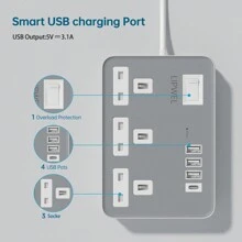 LIPWEL Power Supply 7 In 1 Flat Plug Power Socket Outlet Extension Lead, 4 USB Charging Ports Extension Socket, Wall Mounted, One Key Power Control, Overload Protection, 13A 3120W Power Socket Outlet, Black White Gold For Home Office