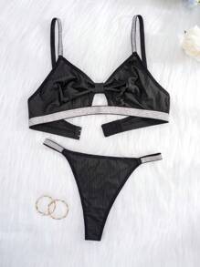 Women Stripes Sexy Hollow Design Wireless Bra Set - Black - View 6