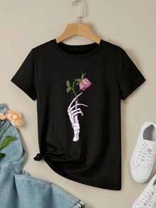 The Dead Rose Skeleton Hand - A Gothic Illustration Of Life And Death With Pink Petals And Green Leaves On A Lavender Background For Women's Women's T-Women Shirt