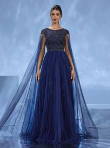 DELLA COUTURE Handmade Beaded Formal Dress, Elegant Fitted Luxurious Long Gown For Women, Suitable For Parties, Galas, Weddings And Other Formal Occasions, Flared Hem Cocktail Ball Gown, Party Dress, Wedding Guest Dress, Evening Dress - Royal Blue - View 5