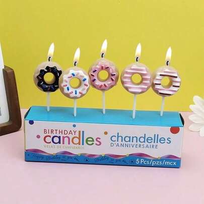 A Box Of 5 Popular Color Donuts Cute Cake Candles Cartoon Birthday Candle Party Birthday Baking Plug-In