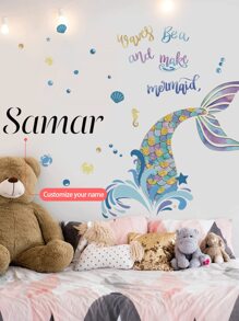 1 Stück Meerjungfrauenschwanz, Seetang, Cartoon Wandtattoo, anpassbarer Text Wandaufkleber, erstelle deinen Signaturstil & personalisieren Raum, Schlafzimmer Wohnzimmer Dekor Zuhause abziehbar, Material: PVC