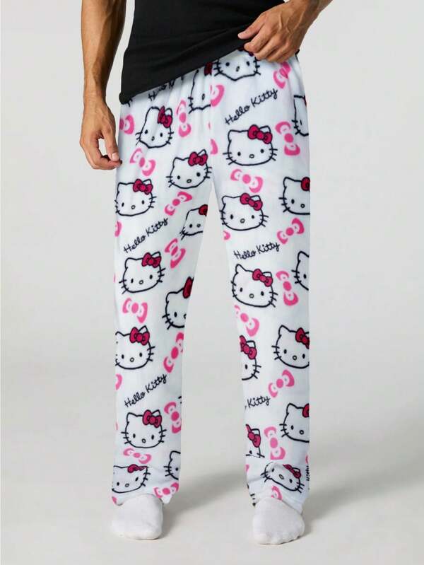 Sanrio Men's New Autumn And Winter Flannel Thick Home Pants Casual Loose Lovely KT Print Pajama Pants Couple Elegant Wear With Home Clothes