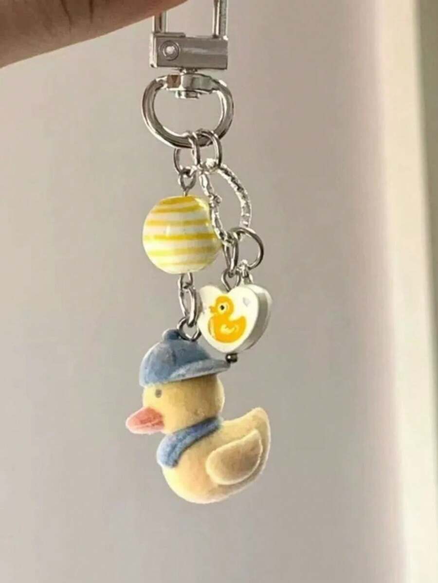 1pc Unisex Cartoon Flocked Little Yellow Duck Keychain, Lovely Heart Duck Pendant Accessory For Bag Charm - Multicolor - View 1