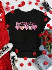 Emergency Department Nurse Hearts ER RN ED Valentine's Day T-Shirt  Cotton Graphic Tee For Women, Round Neck Short Sleeve Casual Tops - Black - View 1