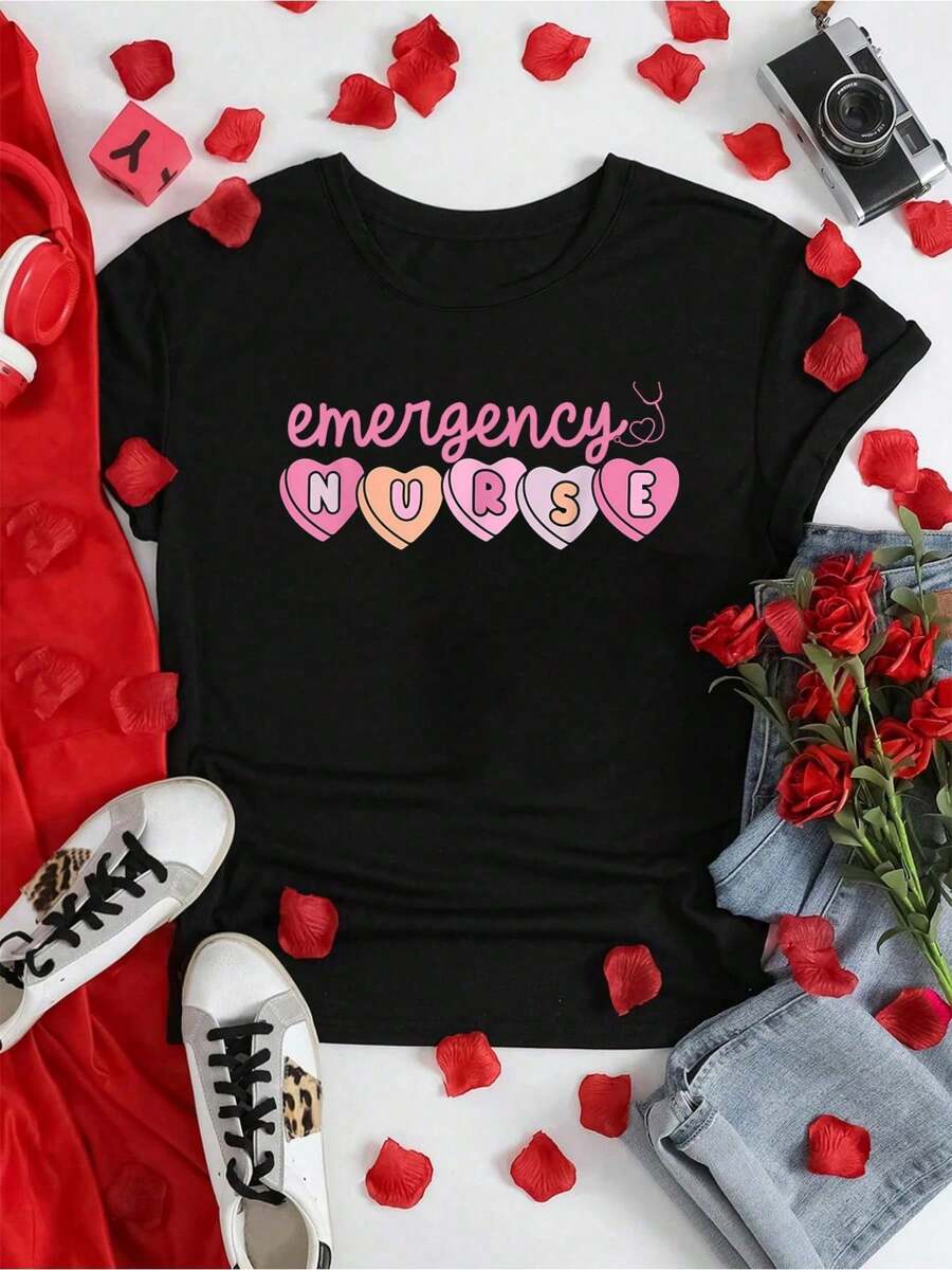 Emergency Department Nurse Hearts ER RN ED Valentine's Day T-Shirt  Cotton Graphic Tee For Women, Round Neck Short Sleeve Casual Tops - Black - View 1