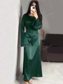Women's Round Neck Flare Sleeve Tied Waist Elegant Style Arabian Dress,Modest