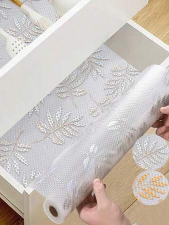 1 Roll Shine Leaves Non-Slip Drawer Liner,EVA Waterproof Sliver And Gold Cabinet Liner,Translucent Reusable Non-Adhesive Shelf Liner,Multipurpose Cupboard Liner For Drawer,Shelves,Refrigerator,Desk,Cabinet,Kitchen,Shelf Mats.
