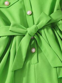 Girls' Solid Short Sleeve Romper With Belt, Summer - Green - View 4