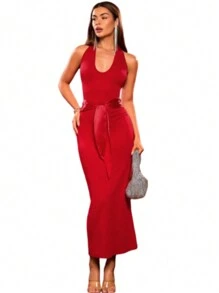 Vestido Rojo Largo Liso Listón Satinado Fiesta Evento - Rojo - Ver 6