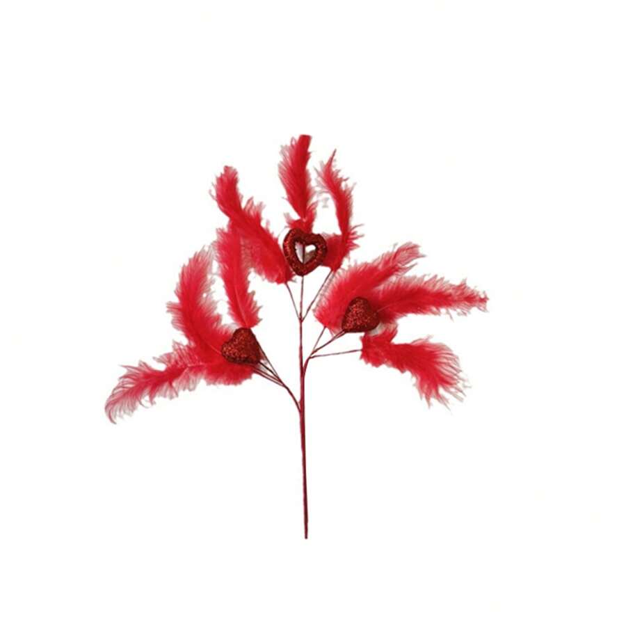 Ramitas de imitación de amor para el Día de San Valentín, ramitas de cuentas con cara de plumas rosas individuales, arreglo de escena del Día de San Valentín, rama de flores - Rojo - Ver 1