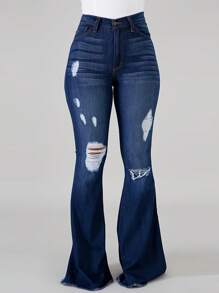 Women's Vintage-Inspired High-Stretch Skinny Jeans - Ripped Detail, Halloween Costumes,Raw Hem, Mid-Rise, Distressed Blue Denim With Slash Pockets, Comfort Fit For All Seasons - Rửa tối - Xem 3