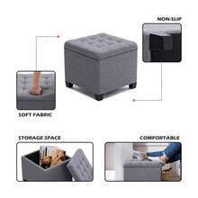 Ottoman Cube en Lin avec Coffre de Rangement, Pouf, Tabouret, avec siège/Couvercle rembourré Amovible, pour Salon, Coiffeuse, Chambre, Entrée - 45 x 45 x 41 cm - Gris Argenté