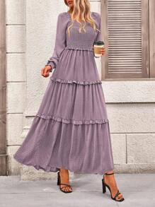 Valentine's Day  Women's Long-Sleeved Floor-Length Dress Casual Square Collar Layered Pleats Flowy Pocket Wedding Guest Dress - Grayish purple - View 4
