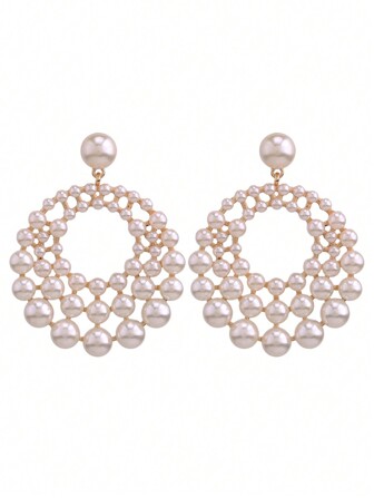 sehuoran Large Size Zinc Alloy Faux Pearl  Drop Earrings With Geometric Pendants, Bohemian Style For Women