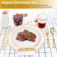 175Pcs Disposable Gold Dinnerware Set Gold Rim Plastic Plates Cups Fork Spoon Knife Paper Napkins For Party Wedding Graduation